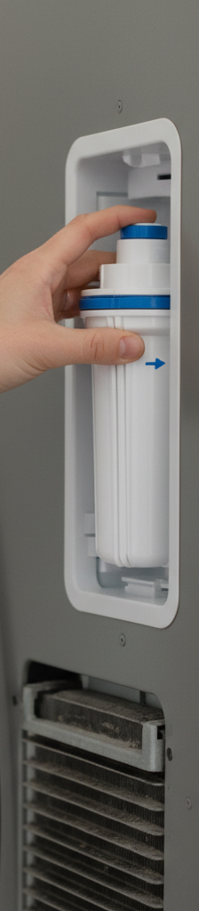 Hand removing a clogged water filter from a refrigerator to fix an ice maker