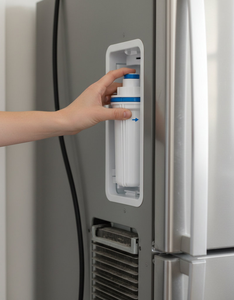 Hand removing a clogged water filter from a refrigerator to fix an ice maker