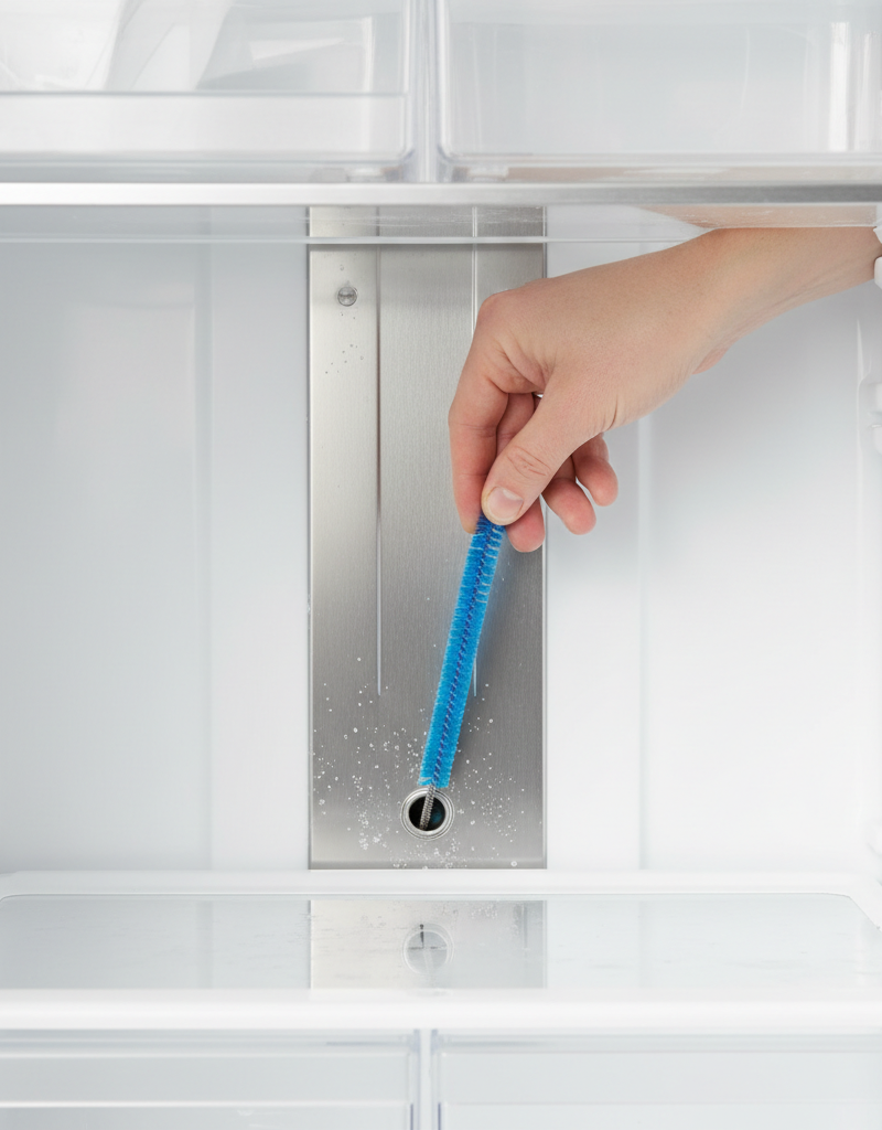 Hand clearing a clogged refrigerator defrost drain with a pipe cleaner inside a freezer.