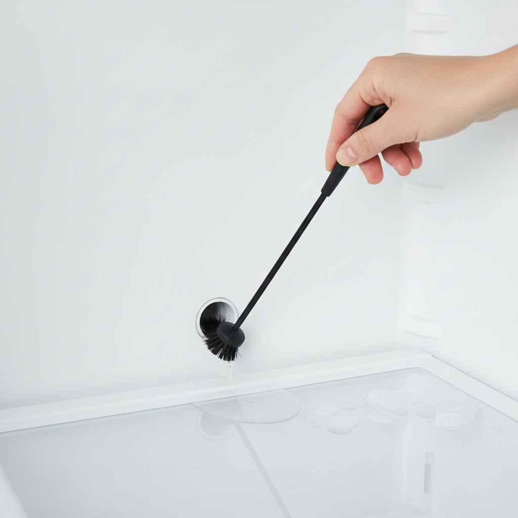Homeowner uses a drain brush to clear a clogged refrigerator defrost drain
