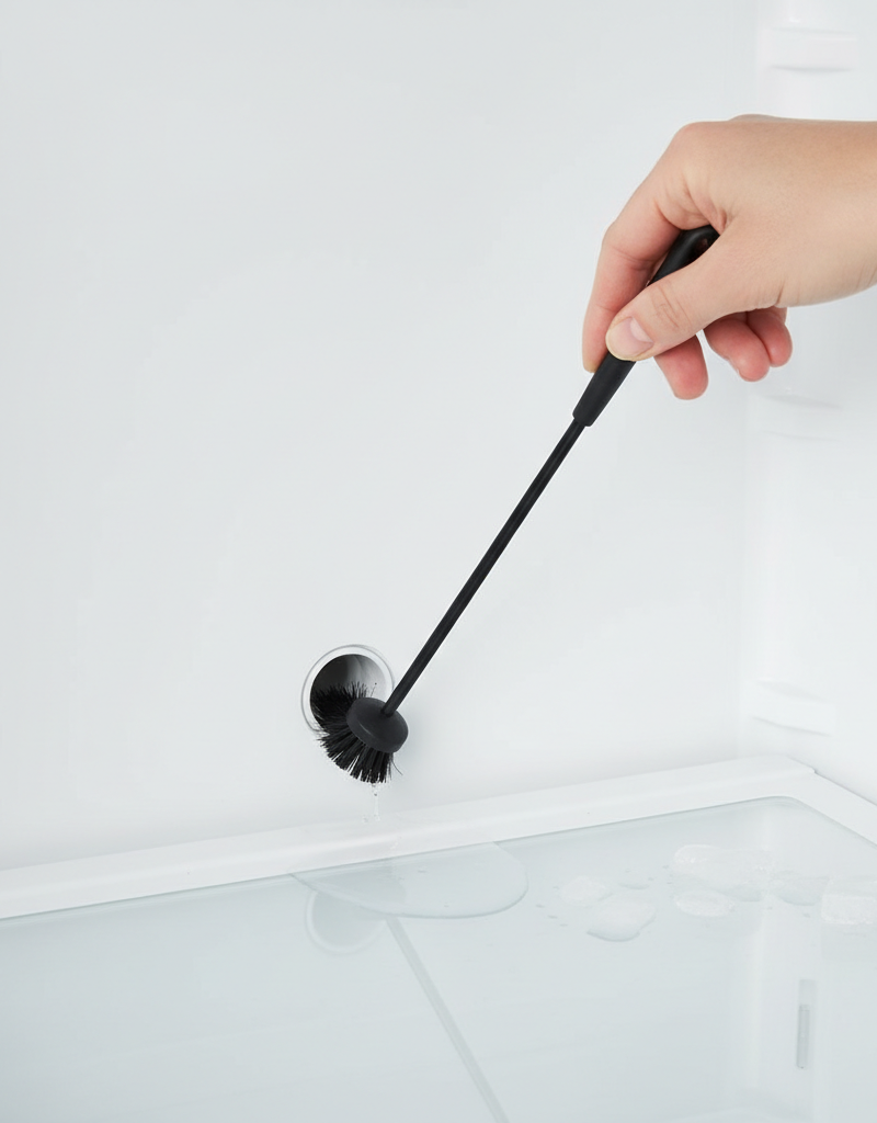 Homeowner uses a drain brush to clear a clogged refrigerator defrost drain