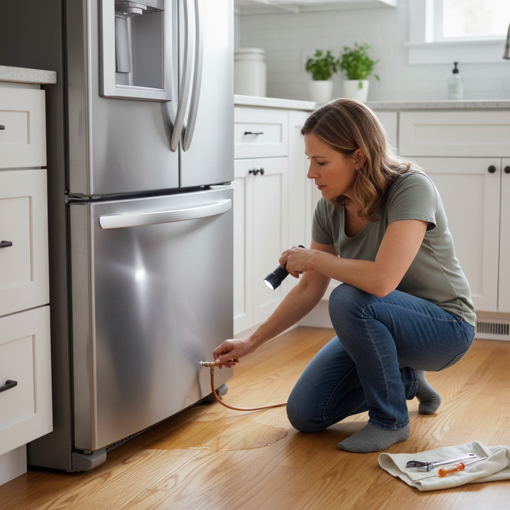Homeowner troubleshooting a refrigerator leaking water on the kitchen floor, examining the back connections.
