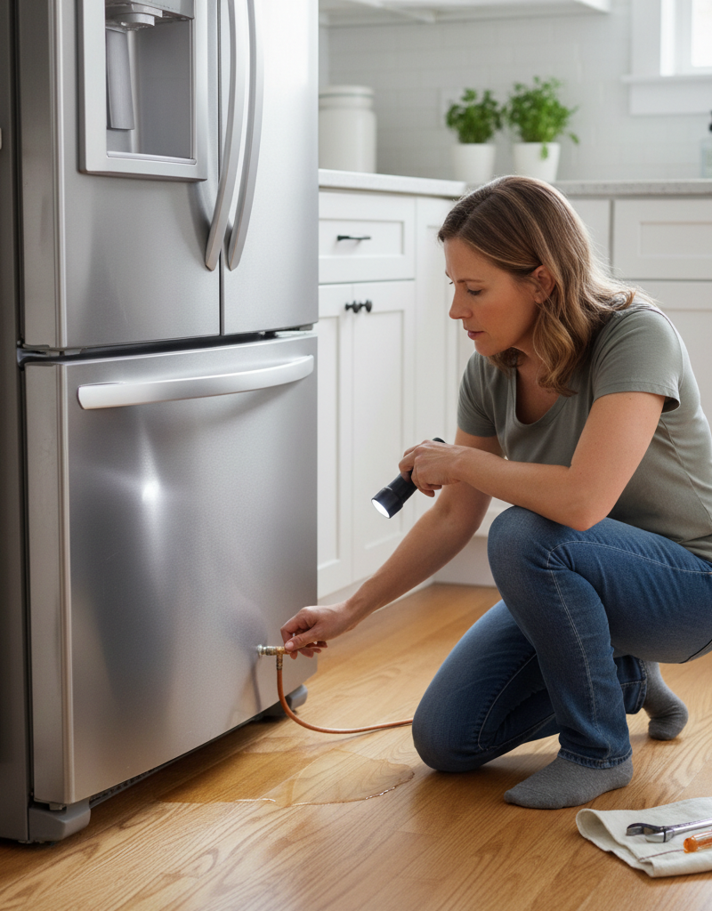 Homeowner troubleshooting a refrigerator leaking water on the kitchen floor, examining the back connections.