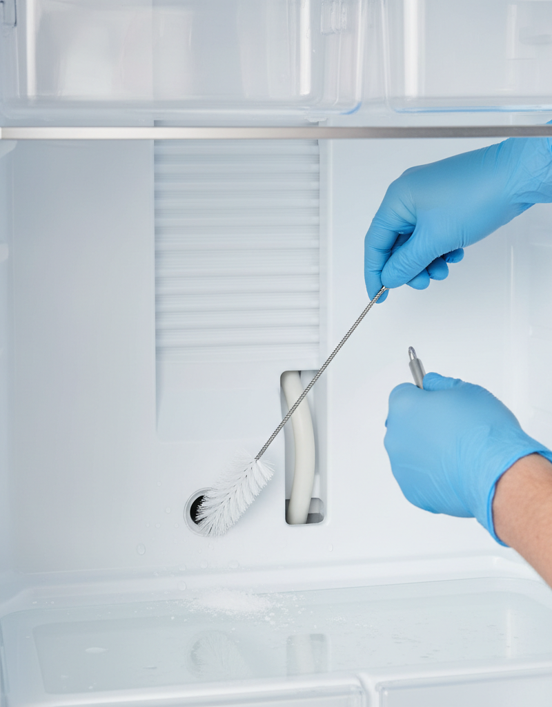 Homeowner clearing a clogged defrost drain tube in a refrigerator freezer to stop a leak