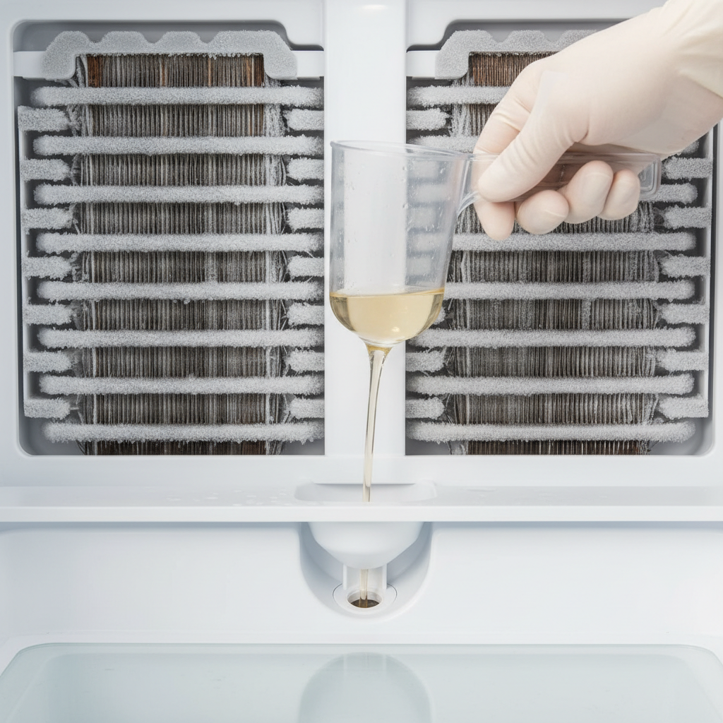 Gloved hand flushing a refrigerator defrost drain tube with a turkey baster to clear a clog and stop a water leak.