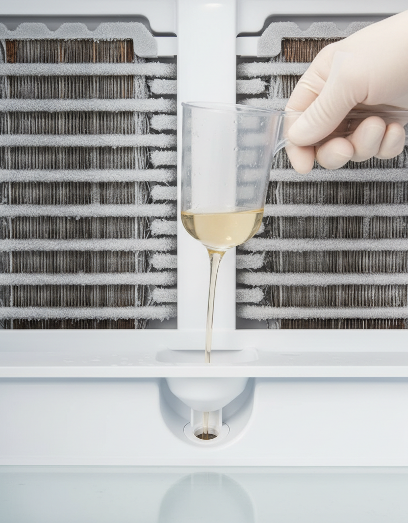 Gloved hand flushing a refrigerator defrost drain tube with a turkey baster to clear a clog and stop a water leak.
