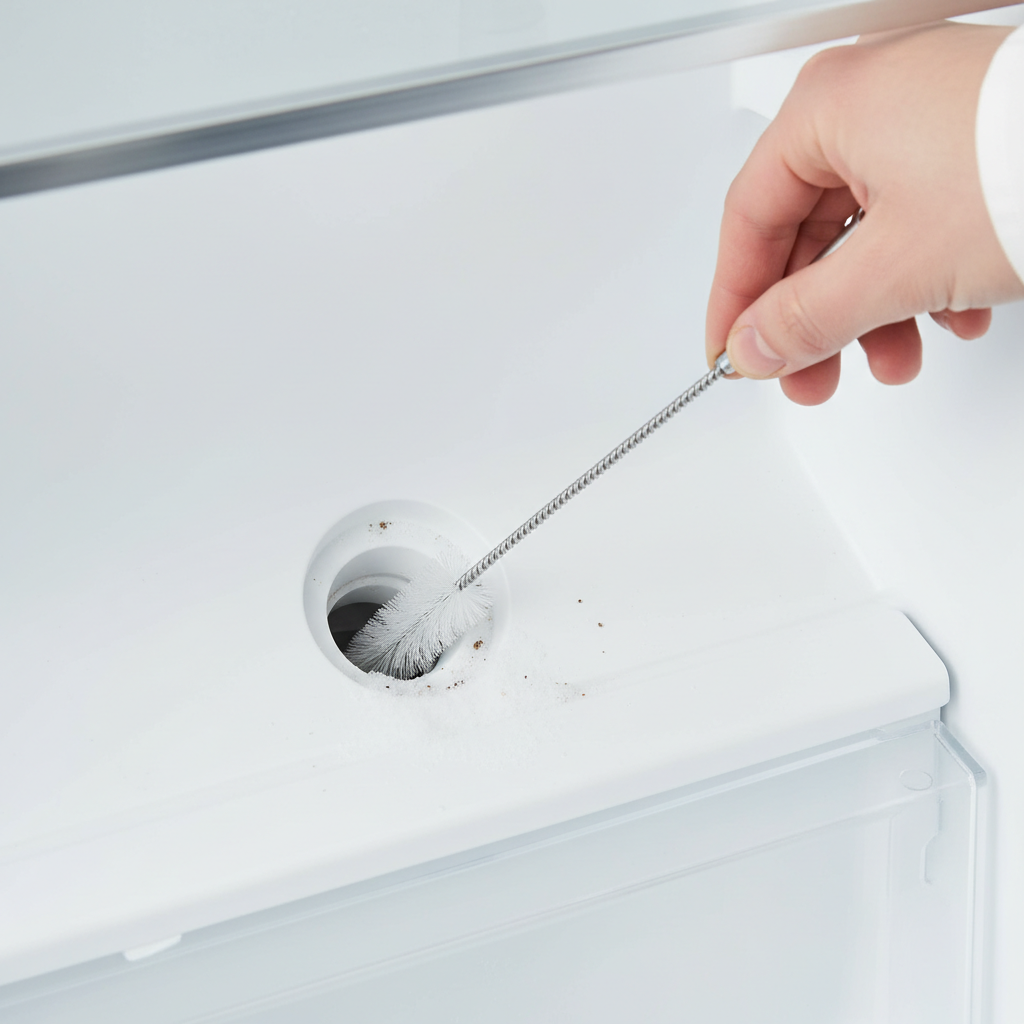 Hand cleaning a clogged refrigerator defrost drain tube with a flexible brush in a freezer compartment.