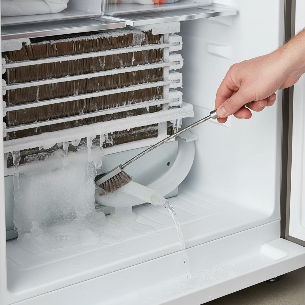 Homeowner clearing a clogged refrigerator defrost drain line with a brush