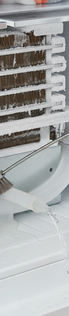 Homeowner clearing a clogged refrigerator defrost drain line with a brush