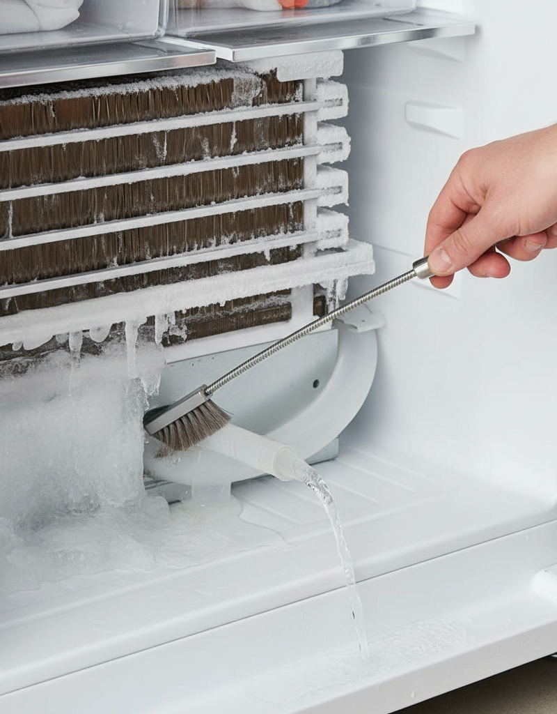 Homeowner clearing a clogged refrigerator defrost drain line with a brush
