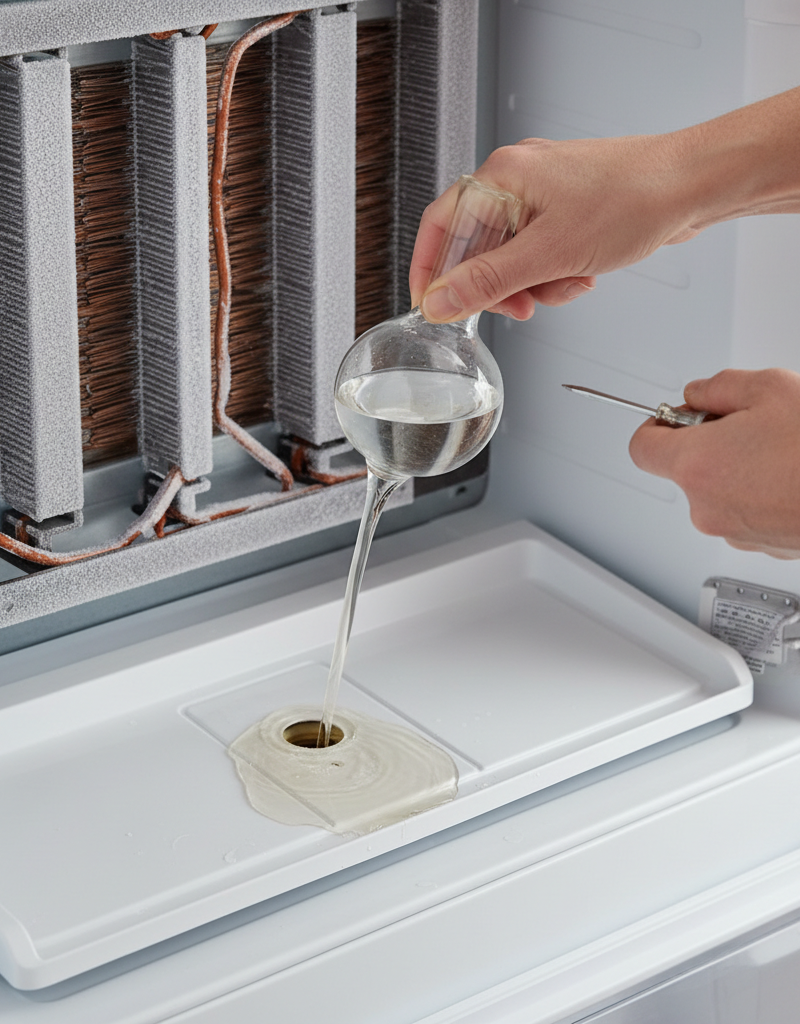 Homeowner flushing a refrigerator defrost drain with a turkey baster to fix a water leak.