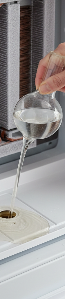 Homeowner flushing a refrigerator defrost drain with a turkey baster to fix a water leak.