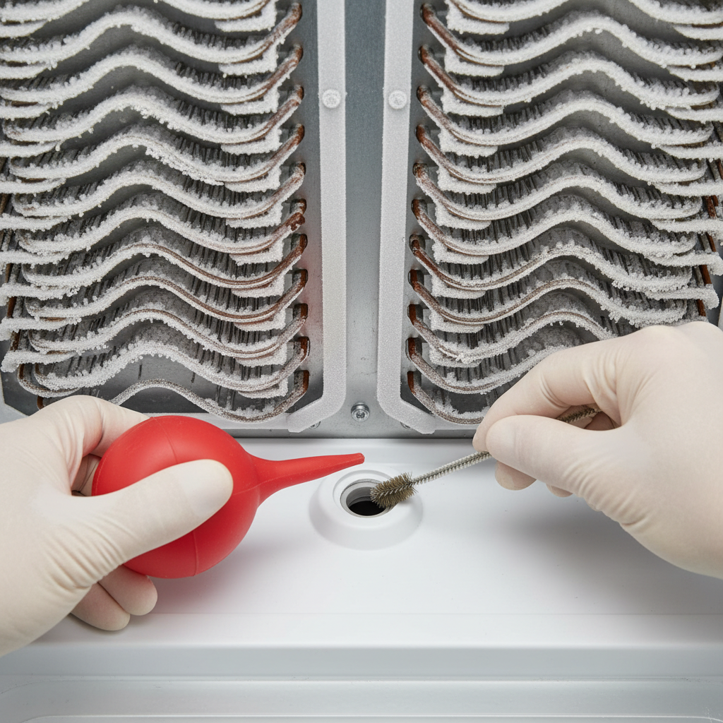 Homeowner clearing a clogged refrigerator defrost drain with a turkey baster and brush inside the freezer.