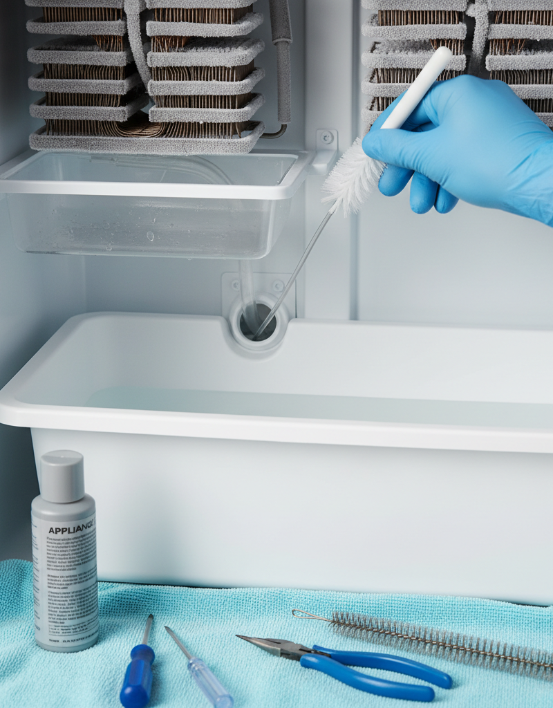 Homeowner using a flexible brush to clear a clogged defrost drain tube inside a freezer
