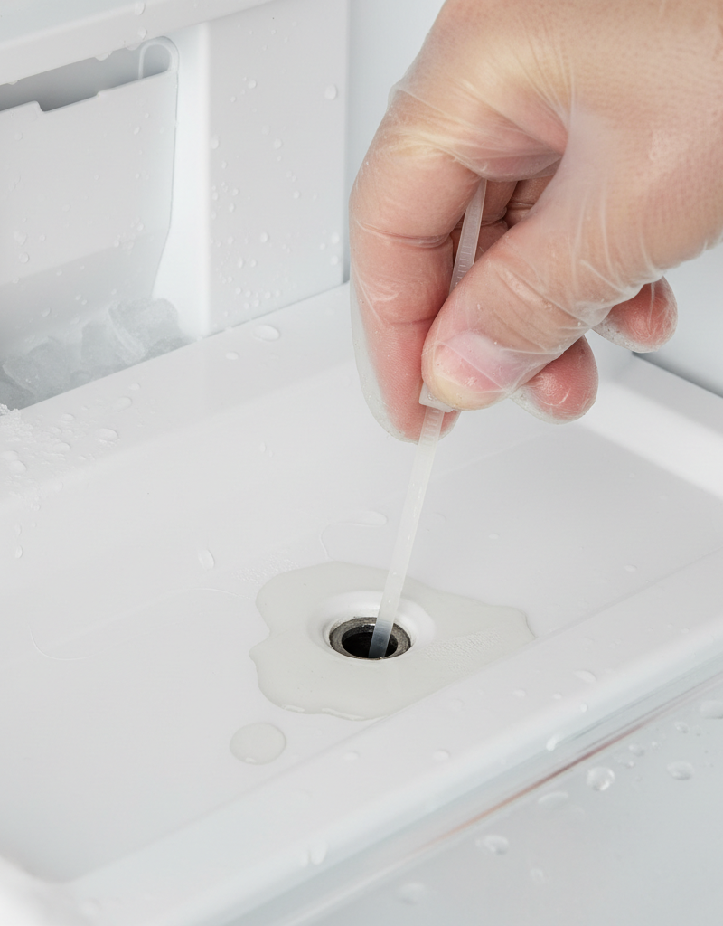 Hand clearing a refrigerator defrost drain hole with a zip tie.