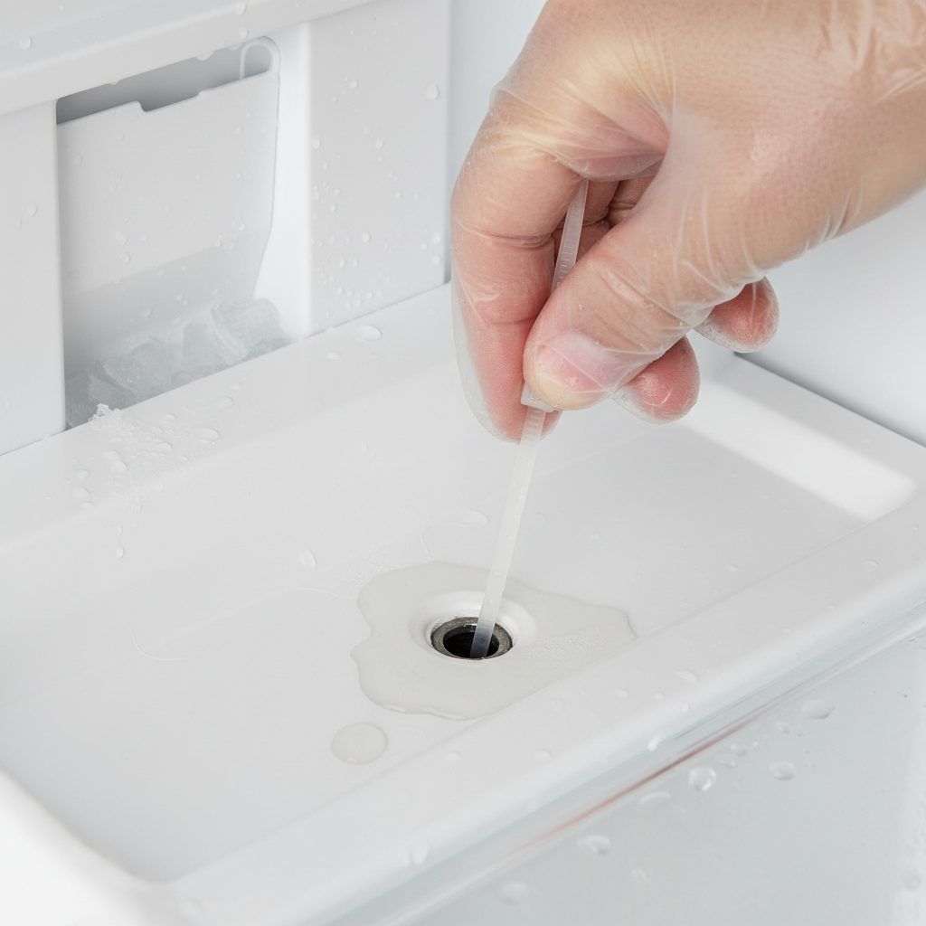 Hand clearing a refrigerator defrost drain hole with a zip tie.