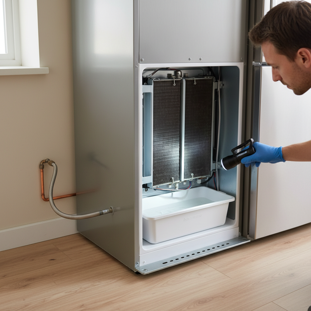 Homeowner inspecting the drain pan and water supply line at the back of a refrigerator.