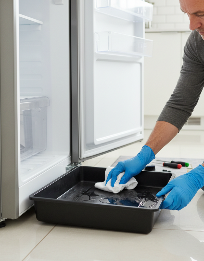 Homeowner cleaning a refrigerator's external drain pan located at the bottom rear of the appliance.