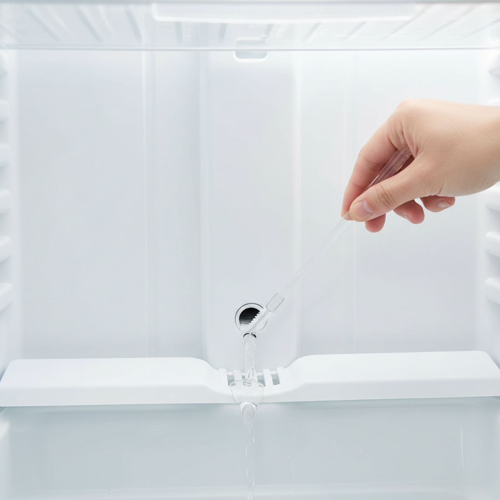 Hand using a drain cleaning brush to clear a clogged defrost drain in a freezer.