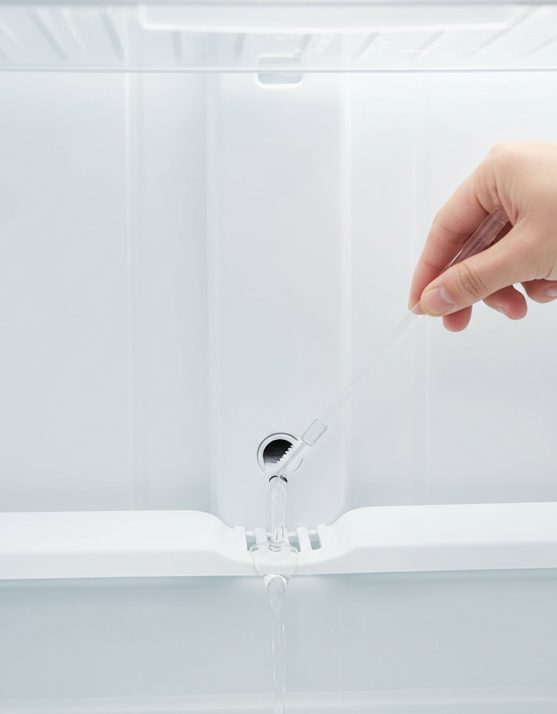 Hand using a drain cleaning brush to clear a clogged defrost drain in a freezer.