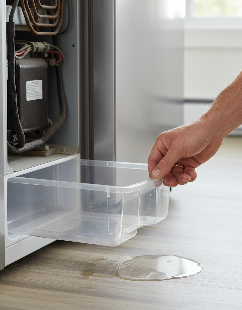 Homeowner inspecting a refrigerator drain pan for leaks
