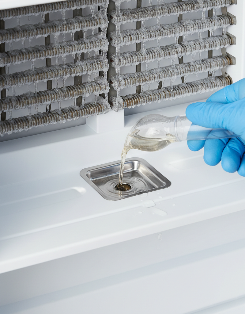 Person clearing ice blockage from a refrigerator defrost drain hole with a turkey baster.