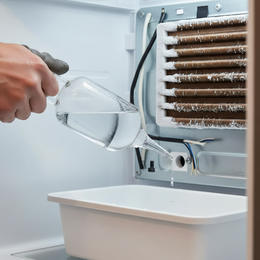 Homeowner flushing a clogged refrigerator defrost drain with a turkey baster to stop a leak.