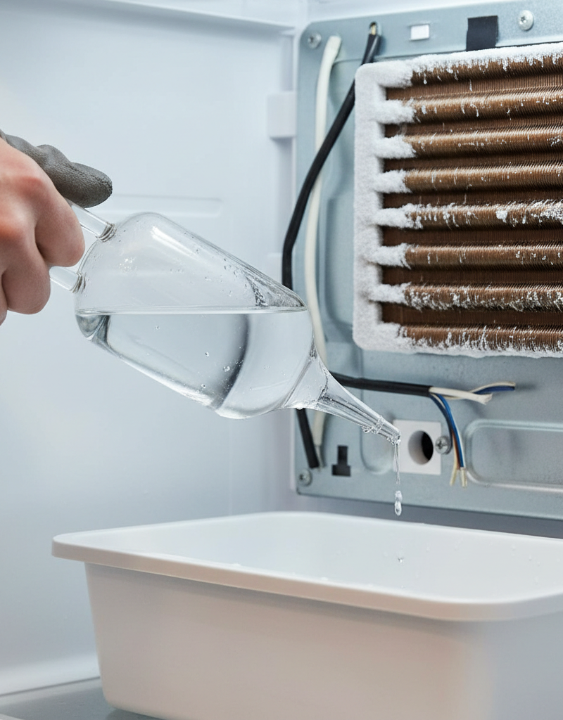 Homeowner flushing a clogged refrigerator defrost drain with a turkey baster to stop a leak.