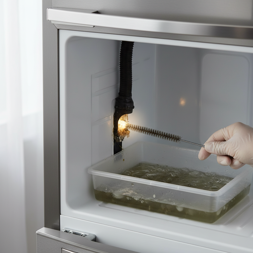 Person clearing a clogged defrost drain tube at the back of a refrigerator, with water in the drain pan.