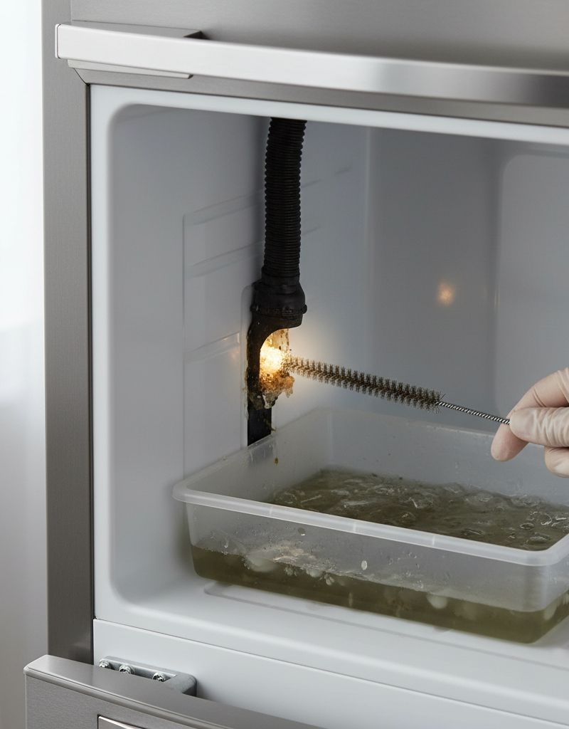 Person clearing a clogged defrost drain tube at the back of a refrigerator, with water in the drain pan.