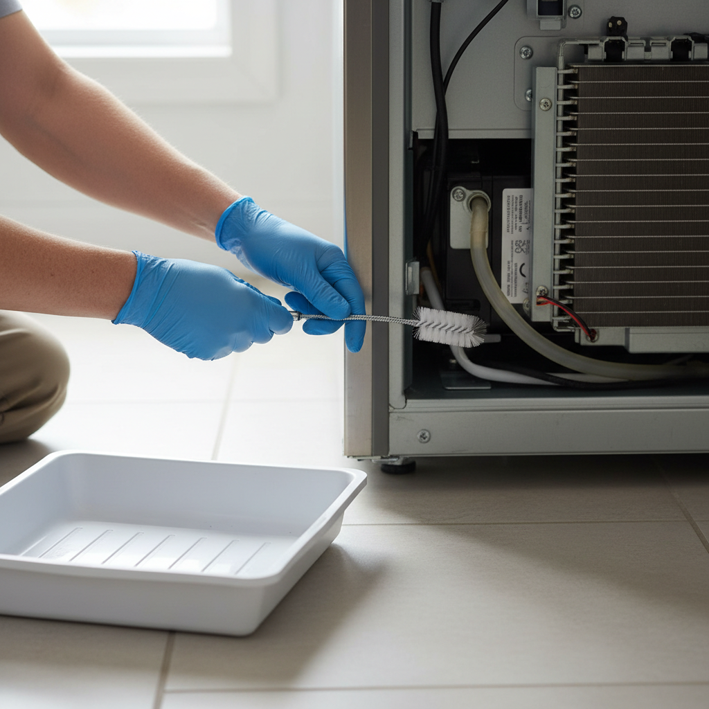 Homeowner clearing a refrigerator defrost drain line with a flexible brush and warm water, fixing a leak.