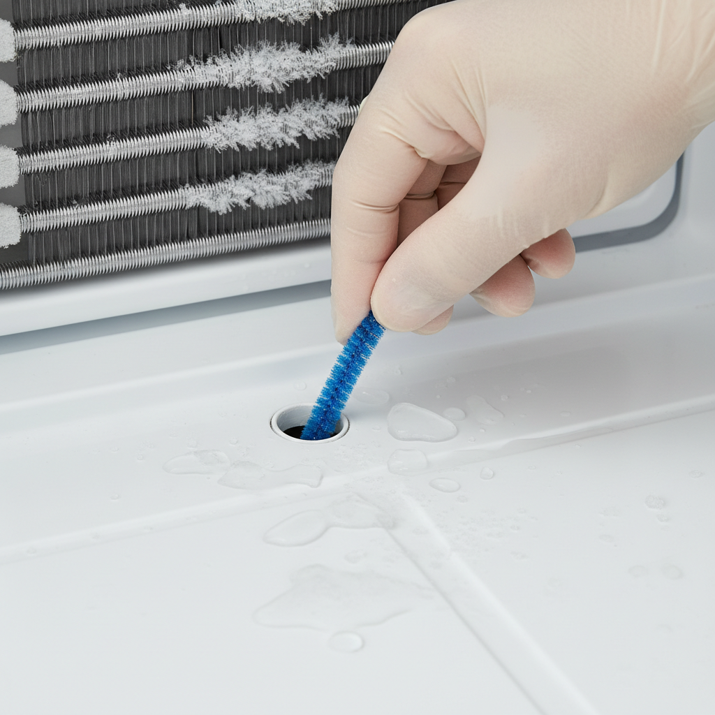 Hand clearing a clogged refrigerator defrost drain line with a pipe cleaner