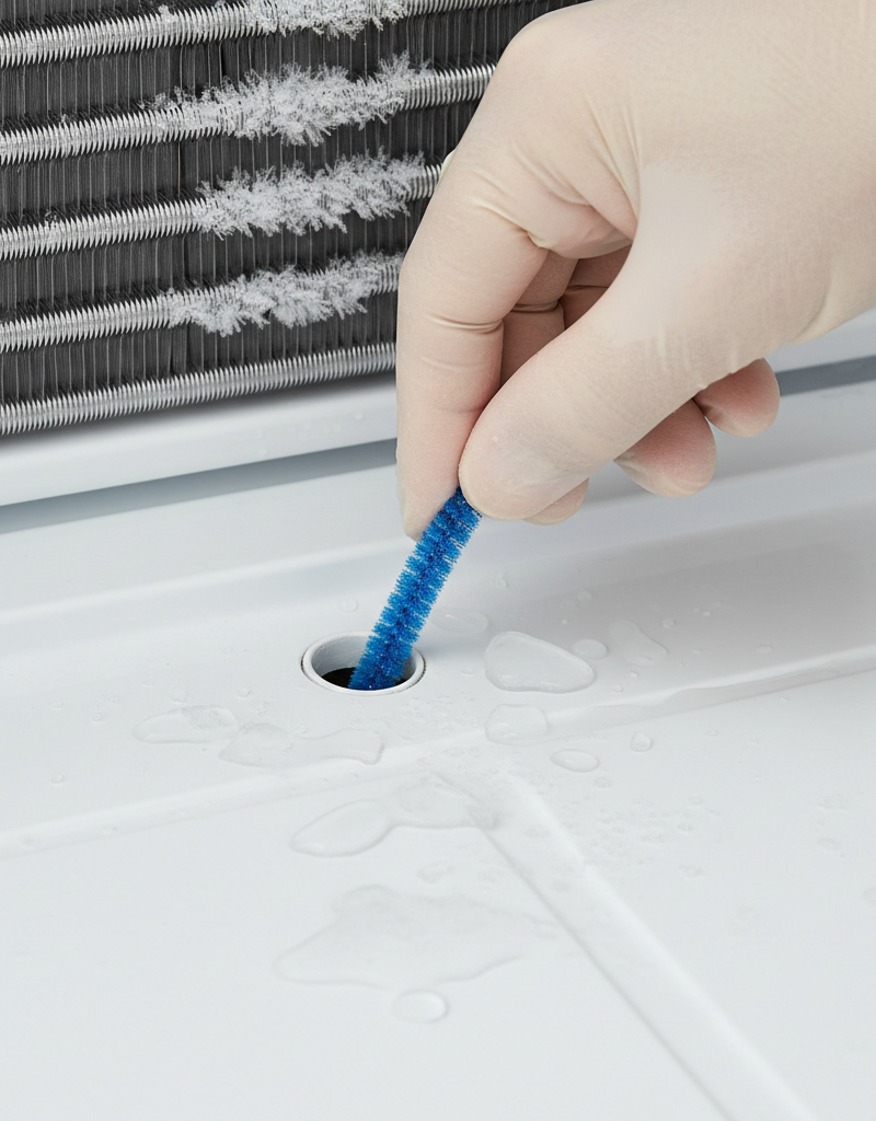 Hand clearing a clogged refrigerator defrost drain line with a pipe cleaner