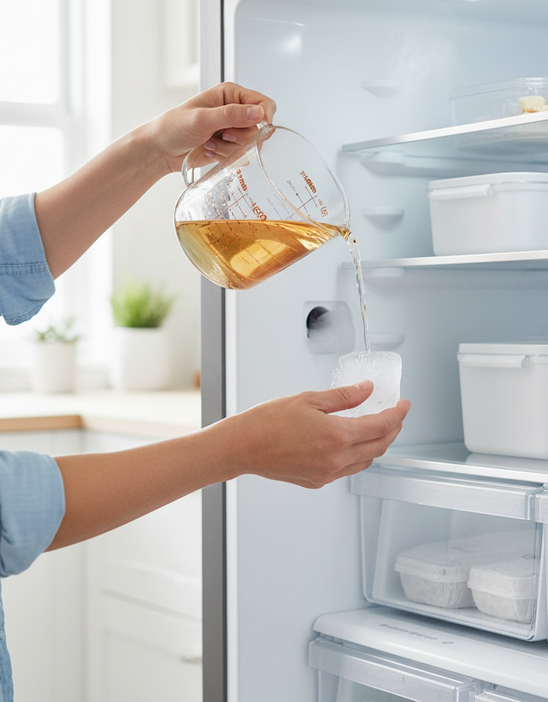 Homeowner pouring water into a refrigerator defrost drain to clear a clog