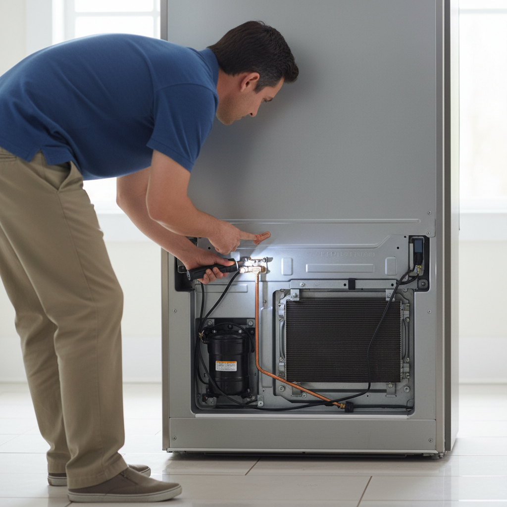 Homeowner inspecting the back of a refrigerator for a water leak, checking the supply line and inlet valve.