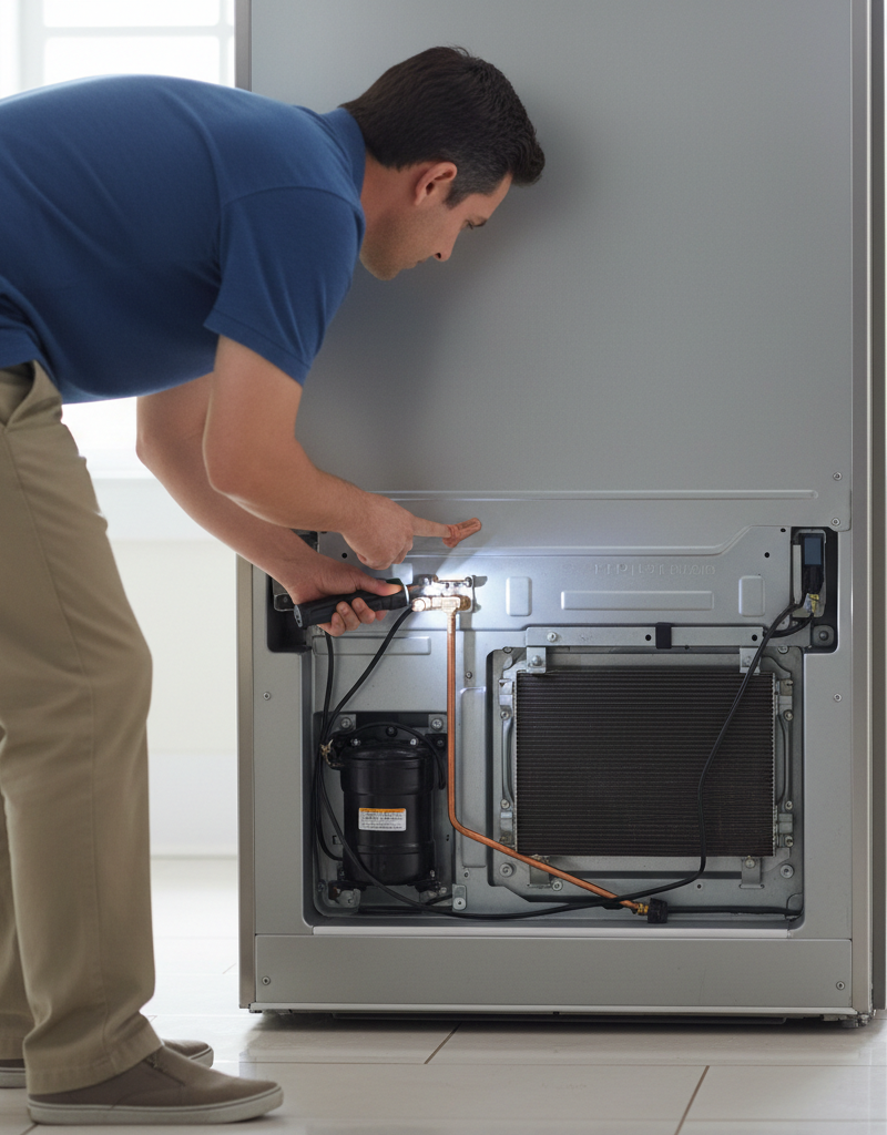 Homeowner inspecting the back of a refrigerator for a water leak, checking the supply line and inlet valve.