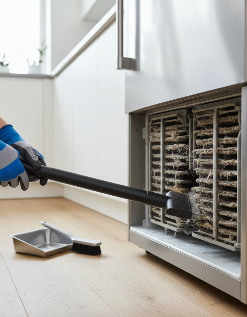 Homeowner cleaning dusty refrigerator condenser coils with a vacuum brush attachment