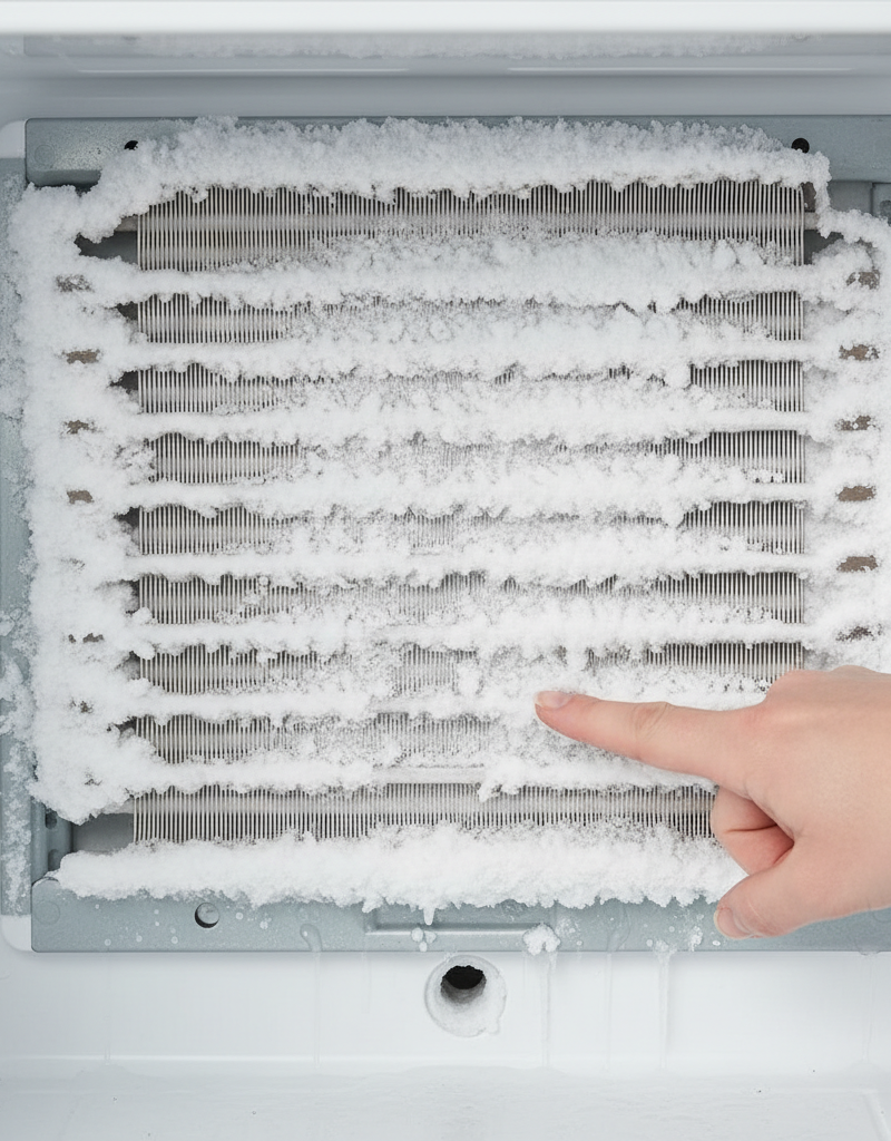Ice buildup on evaporator coil in freezer, indicating a defrost or drain issue preventing refrigerator cooling.
