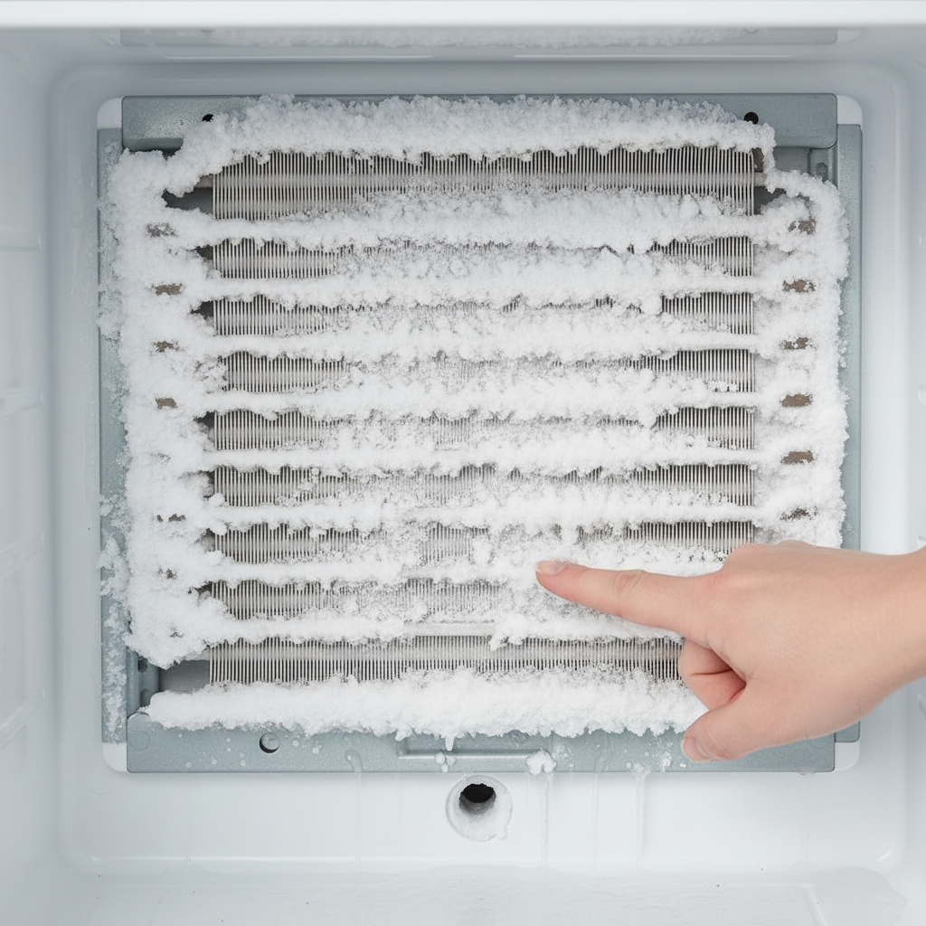 Ice buildup on evaporator coil in freezer, indicating a defrost or drain issue preventing refrigerator cooling.
