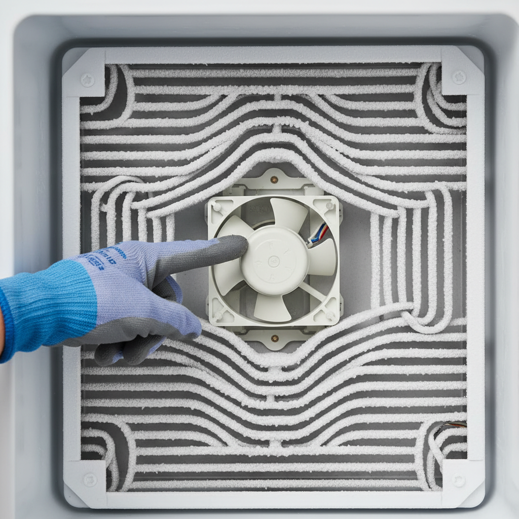Evaporator fan motor and coils inside a refrigerator freezer compartment