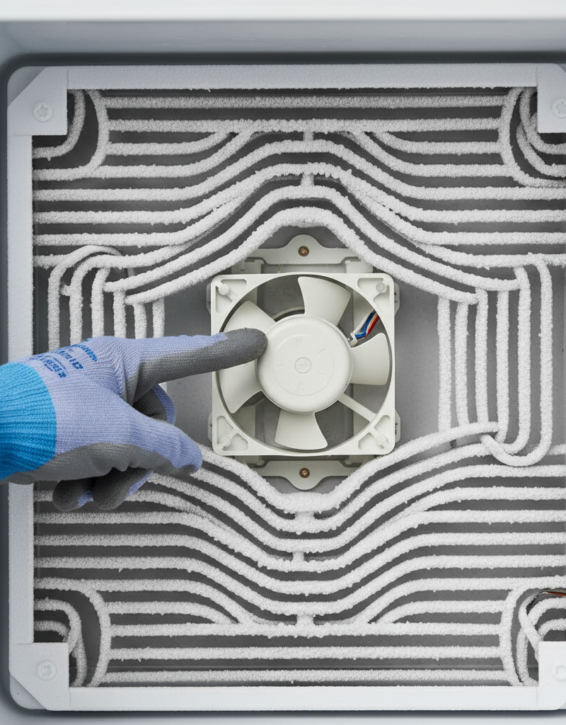 Evaporator fan motor and coils inside a refrigerator freezer compartment
