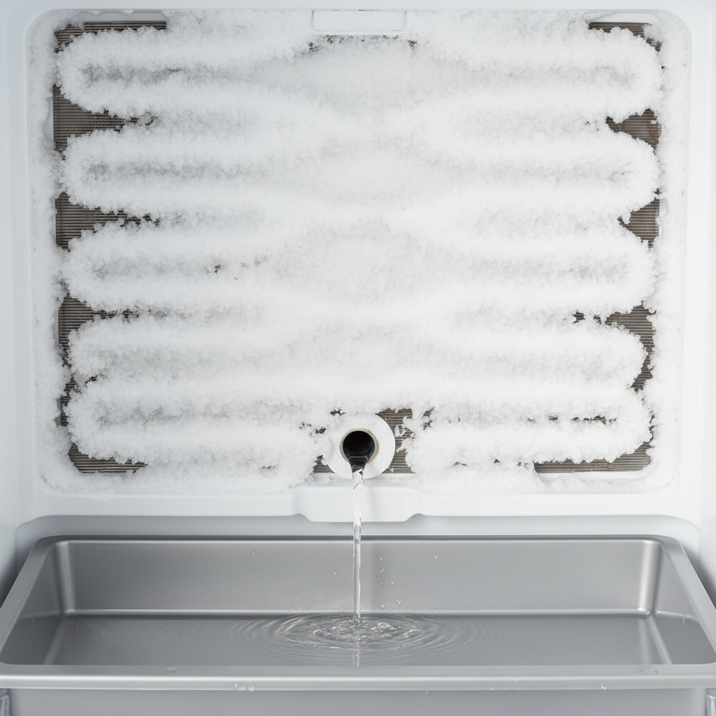 Refrigerator freezer evaporator coils heavily frosted over, with a clear defrost drain line at the bottom.