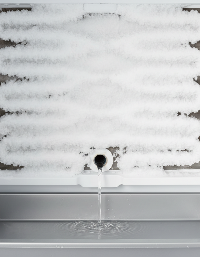 Refrigerator freezer evaporator coils heavily frosted over, with a clear defrost drain line at the bottom.