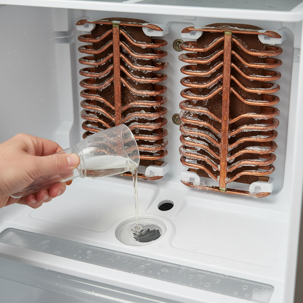 Homeowner flushing a refrigerator defrost drain with a turkey baster to clear ice buildup, evaporator coils visible.