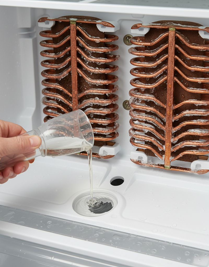 Homeowner flushing a refrigerator defrost drain with a turkey baster to clear ice buildup, evaporator coils visible.