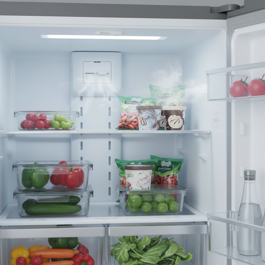 Inside of a refrigerator showing the air damper vent where cold air enters the fresh food compartment.