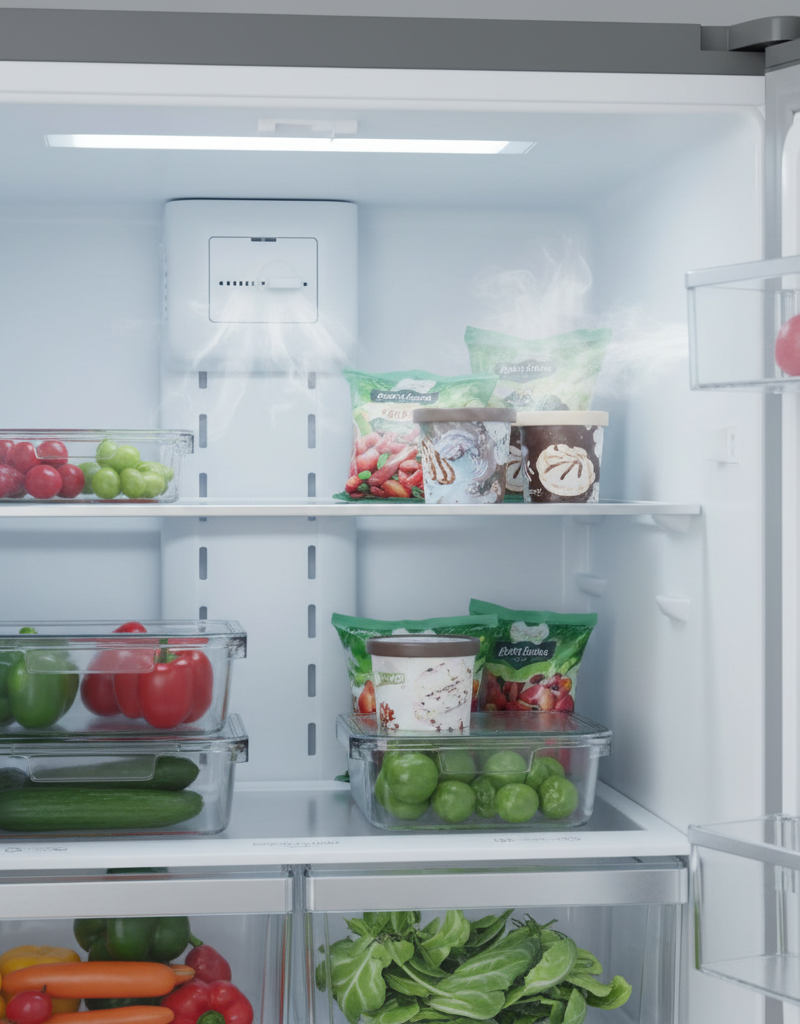 Inside of a refrigerator showing the air damper vent where cold air enters the fresh food compartment.