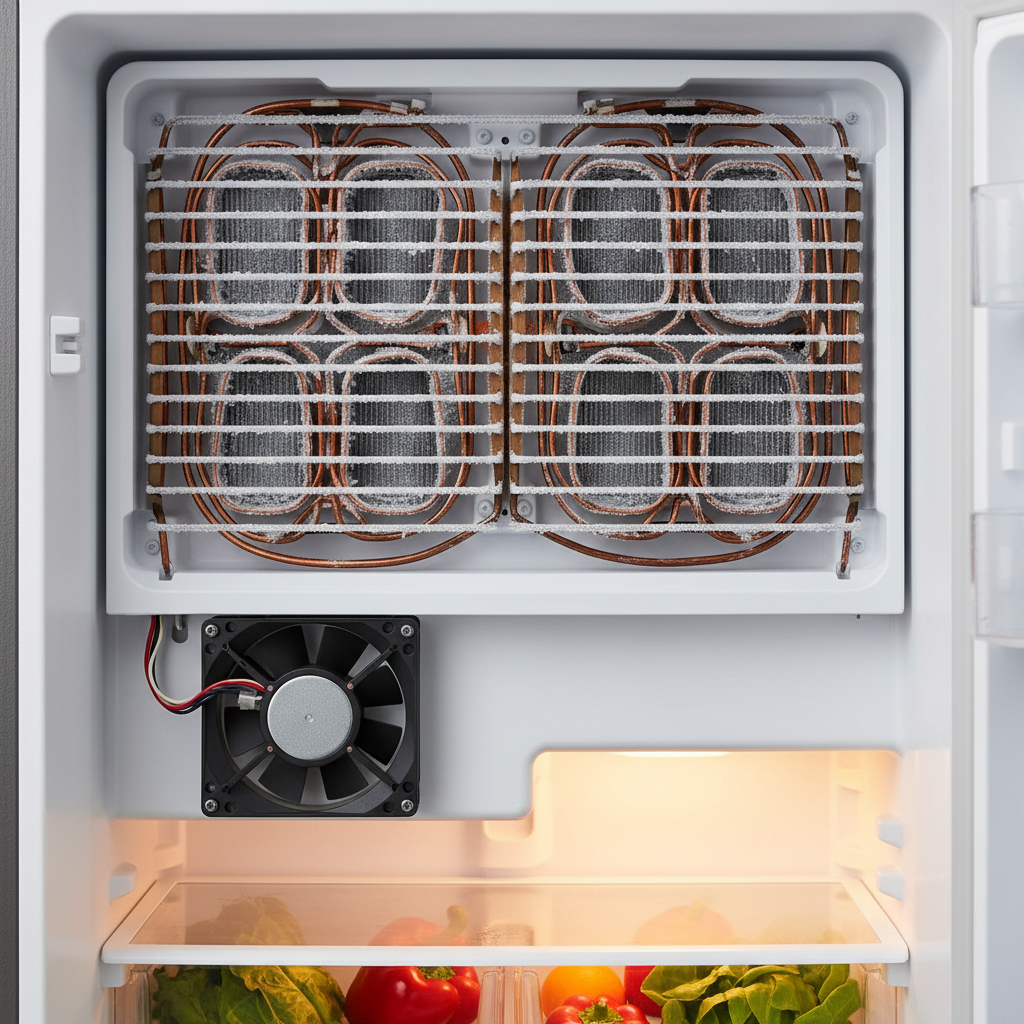 Visible evaporator fan motor and frosted coils inside a broken refrigerator's freezer compartment, illustrating common issue