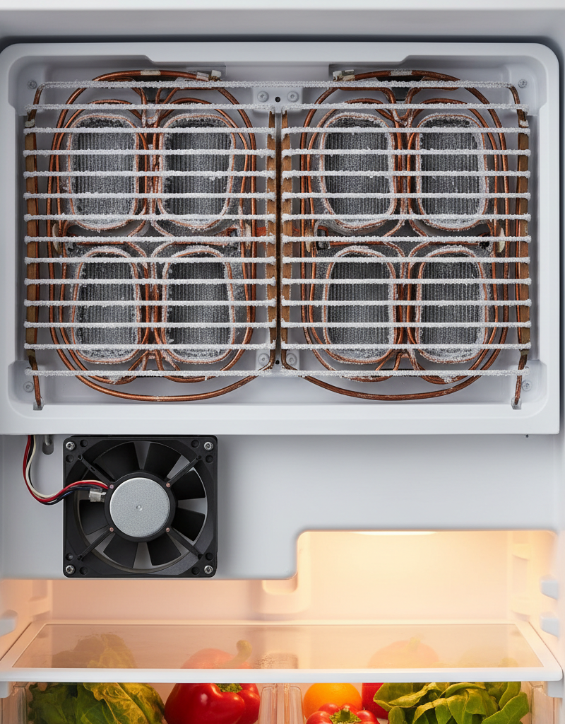 Visible evaporator fan motor and frosted coils inside a broken refrigerator's freezer compartment, illustrating common issue