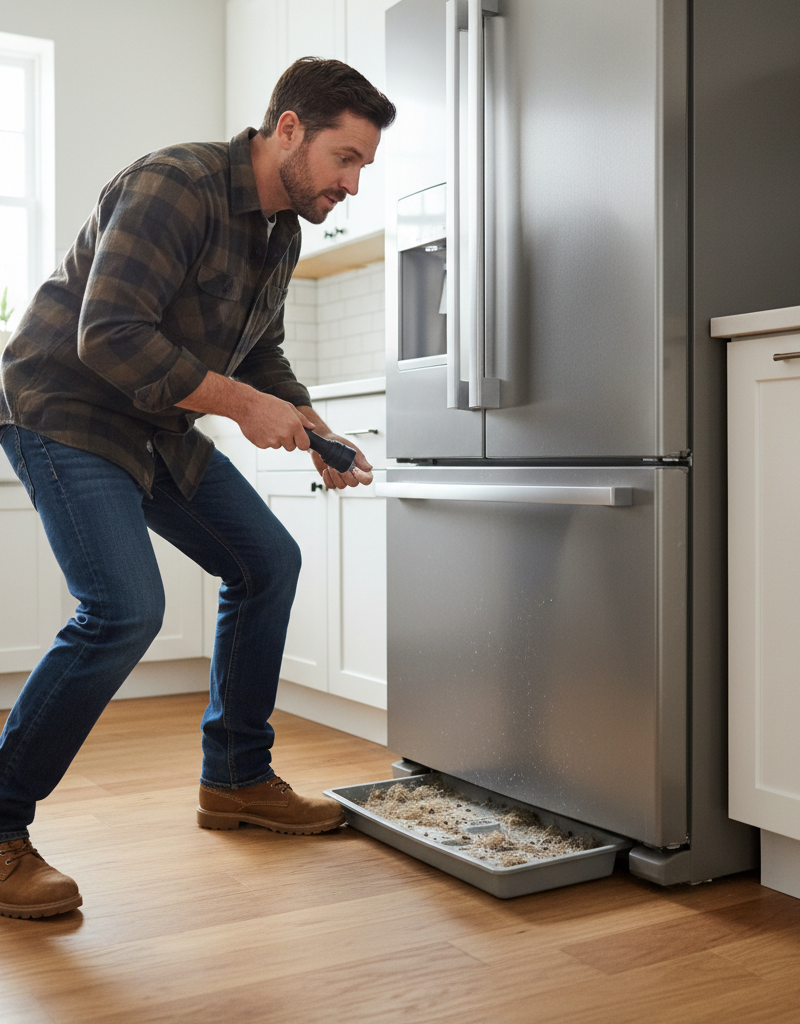 A homeowner pulling out a refrigerator to access and clean the drain pan, a common source of bad odors.